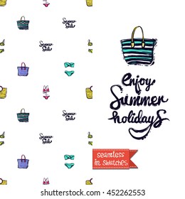 Summer style double sided greeting card for vacation. Seamless pattern with beach bag on one side and on another big art element with lettering: enjoy summer holidays.