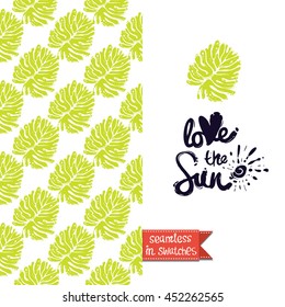 Summer style double sided greeting card for vacation. Seamless pattern with tropical leaf on one side and on another big art element with lettering: love the sun.