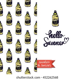Summer style double sided greeting card for vacation. Seamless pattern with suntan lotion on one side and on another big art element with lettering: hello summer.