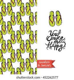Summer style double sided greeting card for vacation. Seamless pattern with slippers on one side and on another big art element with lettering: you make me happy.
