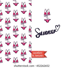Summer style double sided greeting card for vacation. Seamless pattern with pink bikini swimsuit on one side and on another big art element with lettering: summer.