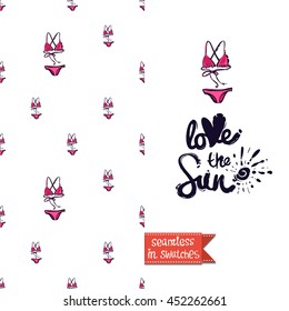 Summer style double sided greeting card for vacation. Seamless pattern with red bikini swimsuit on one side and on another big art element with lettering: love the sun.