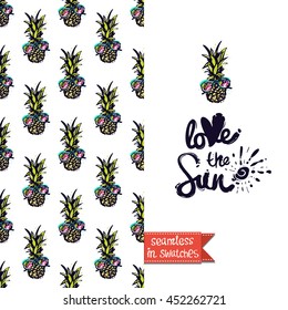 Summer style double sided greeting card for vacation. Seamless pattern with pineapple in vintage sunglasses on one side and on another big art element with lettering: love the sun.