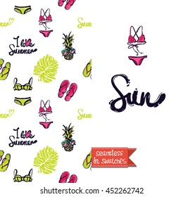 Summer style double sided greeting card for vacation. Seamless pattern with bikini, pineapple, slippers and tropical leaf on one side and on another big art element with lettering: sun.