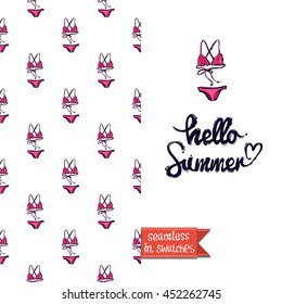Summer style double sided greeting card for vacation. Seamless pattern with pink bikini swimsuit on one side and on another big art element with lettering: hello summer.