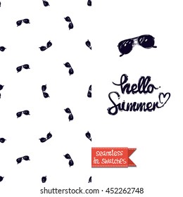 Summer style double sided greeting card for vacation. Seamless pattern with sunglasses on one side and on another big art element with lettering: hello summer.