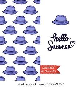 Summer style double sided greeting card for vacation. Seamless pattern with blue hat on one side and on another big art element with lettering: hello summer.