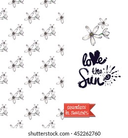 Summer style double sided greeting card for vacation. Seamless pattern with spring flowers on one side and on another big art element with lettering: love the sun.