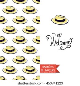 Summer style double sided greeting card for vacation. Seamless pattern with hat on one side and on another big art element with lettering: welcome.