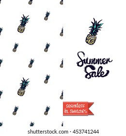 Summer style double sided greeting card for vacation. Seamless pattern with pineapple on one side and on another big art element with lettering: summer sale.