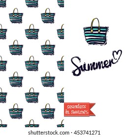 Summer style double sided greeting card for vacation. Seamless pattern with striped bag on one side and on another big art element with lettering: summer.