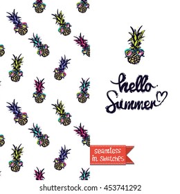 Summer style double sided greeting card for vacation. Seamless pattern with pineapple in sunglasses on one side and on another big art element with lettering: hello summer.