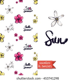 Summer style double sided greeting card for vacation. Seamless pattern with spring tropical flowers on one side and on another big art element with lettering: sun.