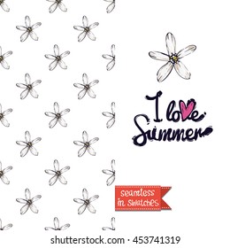 Summer style double sided greeting card for vacation. Seamless pattern with spring white flower on one side and on another big art element with lettering: i love summer.