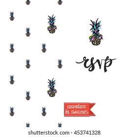 Summer style double sided greeting card for vacation. Seamless pattern with pineapple in sunglasses on one side and on another big art element with lettering: rsvp.