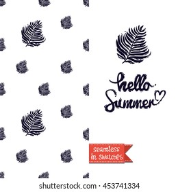 Summer style double sided greeting card for vacation. Seamless pattern with leaf on one side and on another big art element with lettering: hello summer.