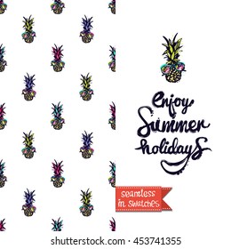 Summer style double sided greeting card for vacation. Seamless pattern with pineapple in sunglasses on one side and on another big art element with lettering: enjoy summer holidays.