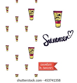 Summer style double sided greeting card for vacation. Seamless pattern with suntan skin lotion on one side and on another big art element with lettering: summer.