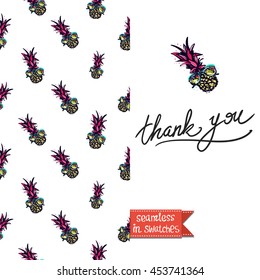 Summer style double sided greeting card for vacation. Seamless pattern with pineapple in sunglasses on one side and on another big art element with lettering: thank you.