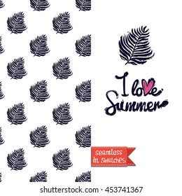 Summer style double sided greeting card for vacation. Seamless pattern with tropical leaf on one side and on another big art element with lettering: i love summer.