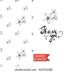 Summer style double sided greeting card for vacation. Seamless pattern with spring tropical flower on one side and on another big art element with lettering: thank you.