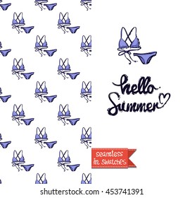 Summer style double sided greeting card for vacation. Seamless pattern with bikini swimsuit on one side and on another big art element with lettering: hello summer.