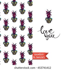 Summer style double sided greeting card for vacation. Seamless pattern with hipster pineapple in sunglasses on one side and on another big art element with lettering: love you.