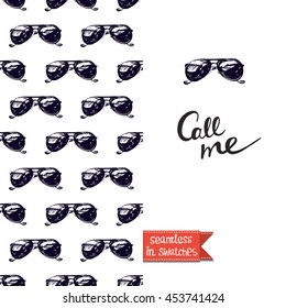Summer style double sided greeting card for vacation. Seamless pattern with sunglasses on one side and on another big art element with lettering: call me.