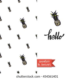 Summer style double sided greeting card for vacation. Seamless pattern with pineapple on one side and on another big art element with lettering: hello.