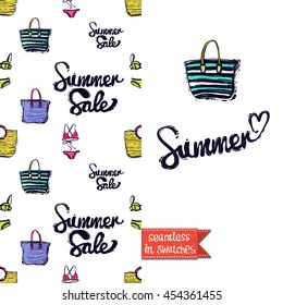 Summer style double sided greeting card for vacation. Seamless pattern with bags and bikini on one side and on another big art element with lettering: summer.