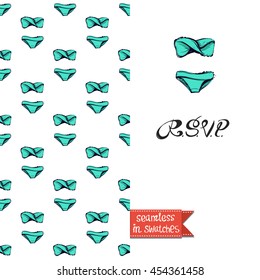 Summer style double sided greeting card for vacation. Seamless pattern with bikini swimsuit on one side and on another big art element with lettering: rsvp.