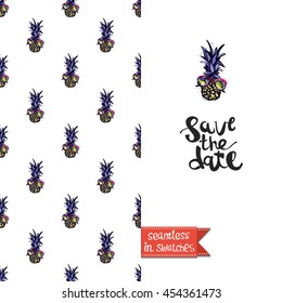 Summer style double sided greeting card for vacation. Seamless pattern with pineapple fruit on one side and on another big art element with lettering: save the date.