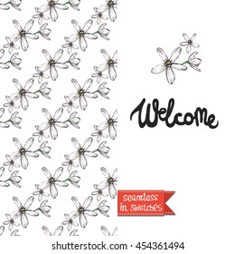 Summer style double sided greeting card for vacation. Seamless pattern with spring flowers on one side and on another big art element with lettering: welcome.