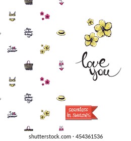 Summer style double sided greeting card for vacation. Seamless pattern with flowers, bikini and hat on one side and on another big art element with lettering: love you.