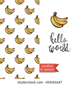 Summer style double sided greeting card for vacation. Seamless pattern with banana on one side and on another big art element with lettering: hello world.