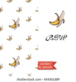 Summer style double sided greeting card for vacation. Seamless pattern with banana on one side and on another big art element with lettering: rsvp.