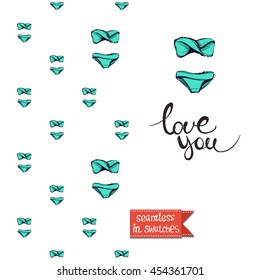Summer style double sided greeting card for vacation. Seamless pattern with bikini swimsuit on one side and on another big art element with lettering: love you.