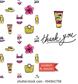 Summer style double sided greeting card. Seamless pattern with tropical flowers, slippers, straw hat, bikini and suntan lotion on one side and on another big art element with lettering: thank you.