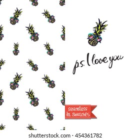 Summer style double sided greeting card for vacation. Seamless pattern with pineapple fruit on one side and on another big art element with lettering: ps i love you.