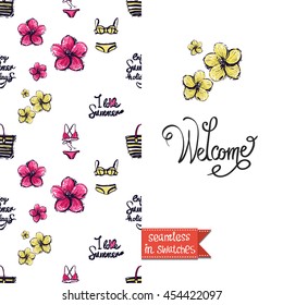 Summer style double sided greeting card for vacation. Seamless pattern with colorful tropical flowers on one side and on another big art element with lettering: welcome.