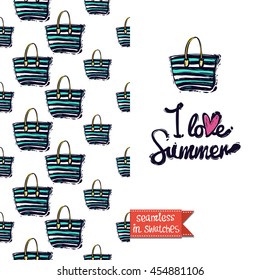 Summer style double sided greeting card for vacation. Seamless pattern with stripped beach bag on one side and on another big art element with lettering: i love summer.