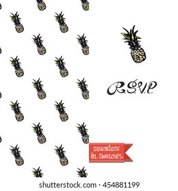 Summer style double sided greeting card for vacation. Seamless pattern with pineapple fruit on one side and on another big art element with lettering: rsvp.