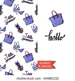 Summer style double sided greeting card for vacation. Seamless pattern with bag, bikini and funny pineapple on one side and on another big art element with lettering: hello.