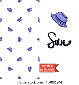 Summer style double sided greeting card for vacation. Seamless pattern with blue hat on one side and on another big art element with lettering: sun.