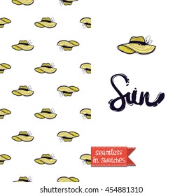 Summer style double sided greeting card for vacation. Seamless pattern with big straw woman hat on one side and on another big art element with lettering: sun.