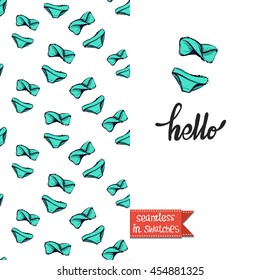 Summer style double sided greeting card for vacation. Seamless pattern with bikini swimsuit on one side and on another big art element with lettering: hello.