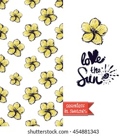 Summer style double sided greeting card for vacation. Seamless pattern with hawaii yellow flower on one side and on another big art element with lettering: love the sun.