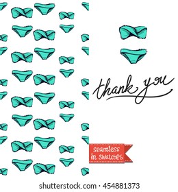 Summer style double sided greeting card for vacation. Seamless pattern with bikini swimsuit on one side and on another big art element with lettering: thank you.