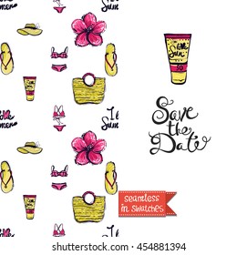 Summer style double sided greeting card for vacation. Seamless pattern with beach accessories: suntan lotion, bikini, bag and slippers, hat, flower on one side and on another lettering: save the date.