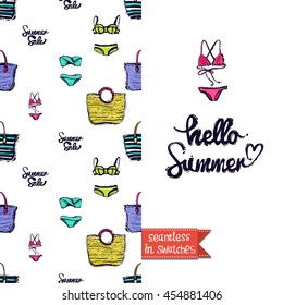 Summer style double sided greeting card for vacation. Seamless pattern with bags and bikini on one side and on another big art element with lettering: hello summer.